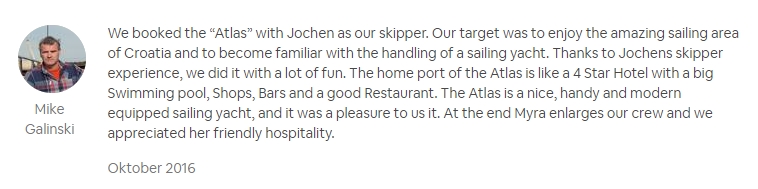 Eine positive Kundenbewertung zur Unterkunft der Segelyacht Antares-Sailing auf AirBnb